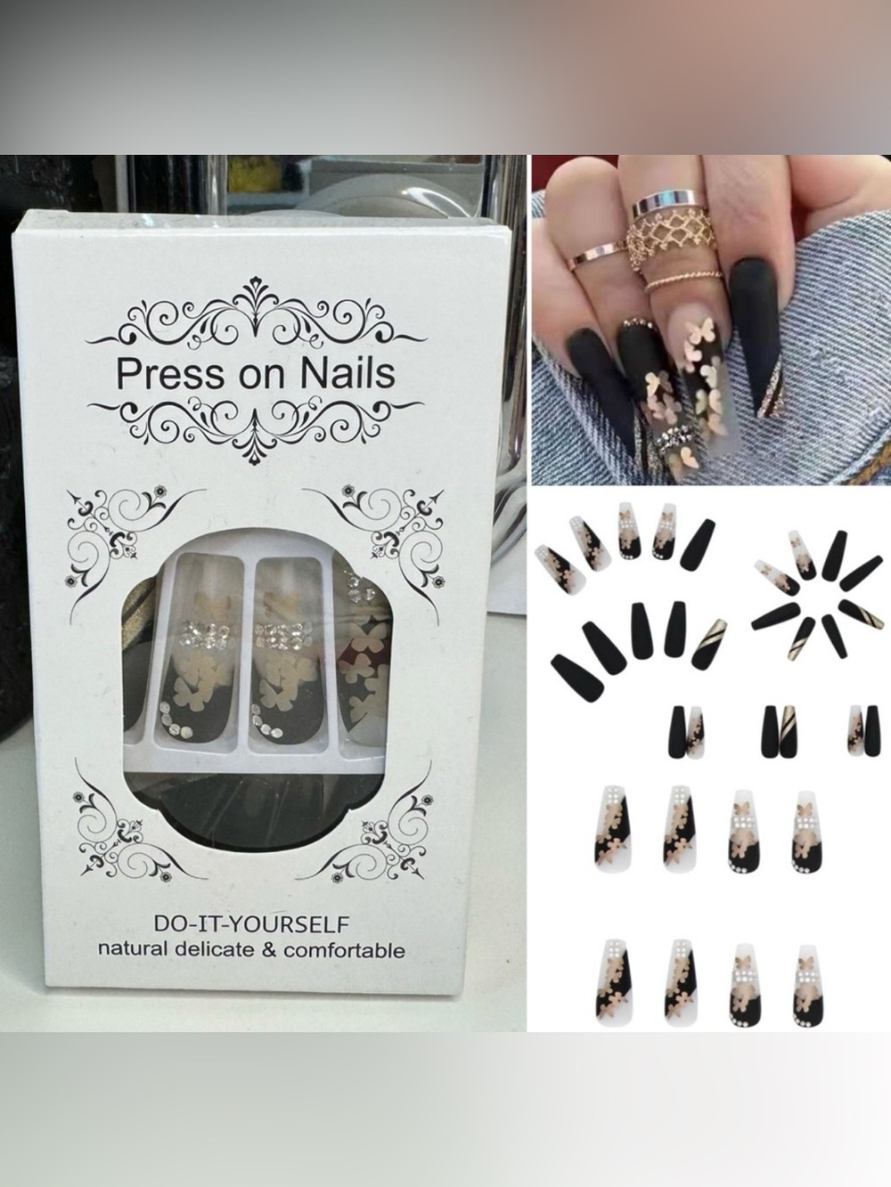 Black & Gold Press On Nails Butterfly and Rhinestones
